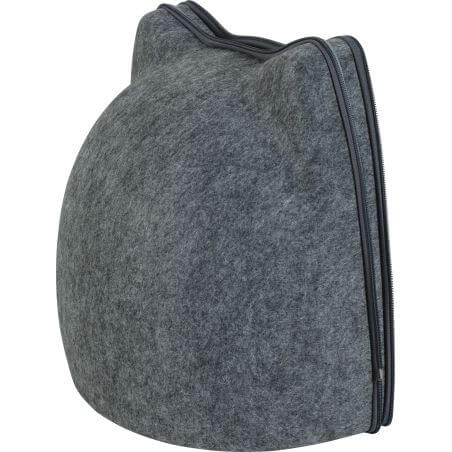 Dôme Moon anthracite en feutrine, forme tête de chat avec oreilles, fermeture éclair visible sur le côté