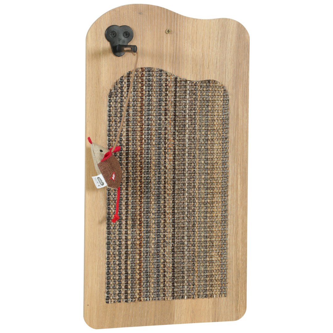 Vue de face du griffoir mural Zolux Boréal vert avec jouet suspendu